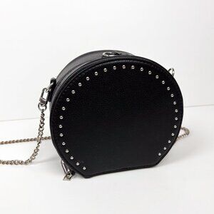 Design Lab Black Studded Faux Leather Circle Crossbody Bag Purse Silver Chain